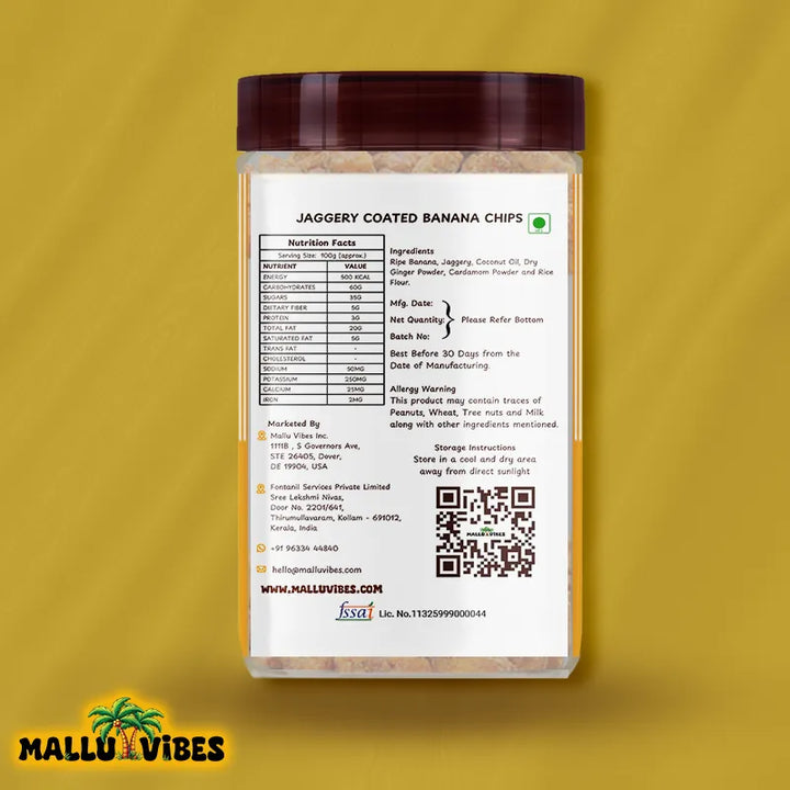 Back Side View of package design Mallu Vibes Best Kerala snacks online sharkara upperi in a bowl, english - Authentic Kerala snacks Jaggery Coated Banana chips