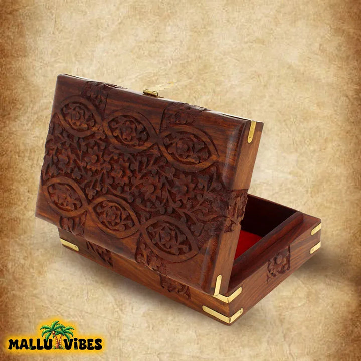 Back open view of Wood Carvings Kerala wooden jewellery box, malayalam - Traditional Kerala art nettur petti