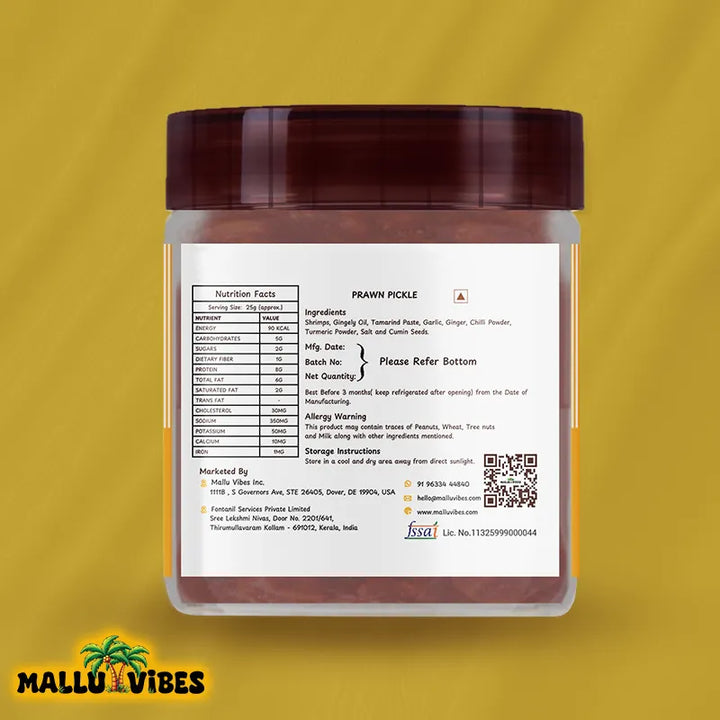 Back side view of Mallu Vibes Homemade Kerala pickles, No Preservatives Chemmeen pickle or prawn pickle with blend of spices, malayalam - chemmeen achar