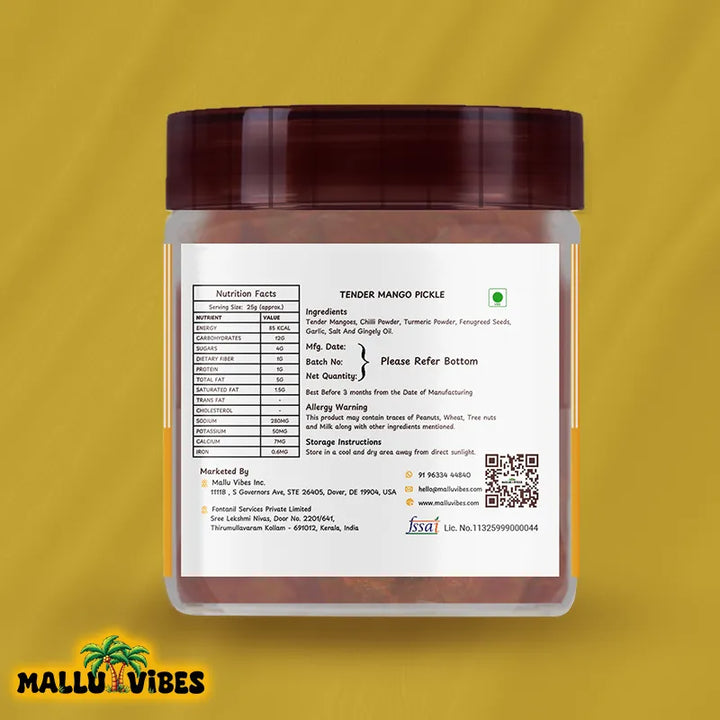 Back side view of Mallu Vibes Tender Mango pickle Kerala pickles with aromatic spices Homemade Kerala pickles and No Preservatives, malayalam - kanni manga achar