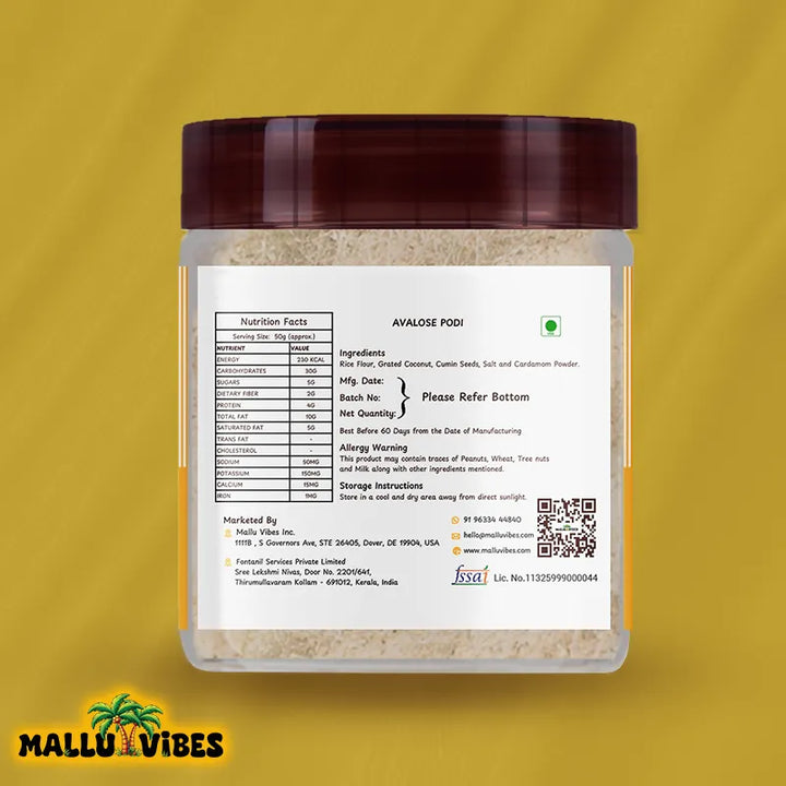 Back side view of package design Authentic Kerala snacks Avalose podi in a bowl, english - Freshly Made Kerala snacks rice flour coconut powder