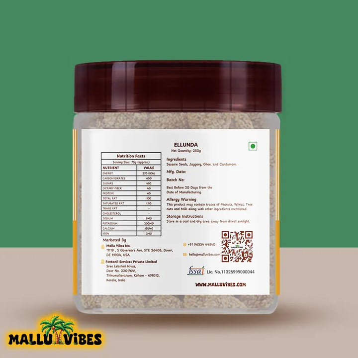 Back side view of package design Homemade Kerala snacks Ellunda in a bowl, english - Best Kerala snacks online Ellunda Sesame jaggery balls