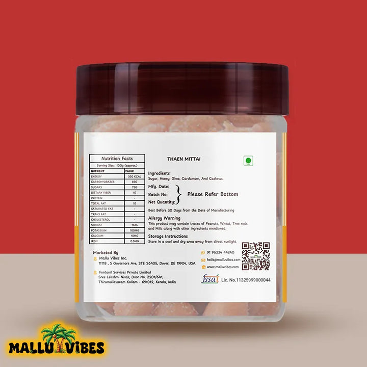 Back side view of package design Homemade Kerala snacks thaen mittai in a bowl, english - Indian snacks kerala sugar honey candy