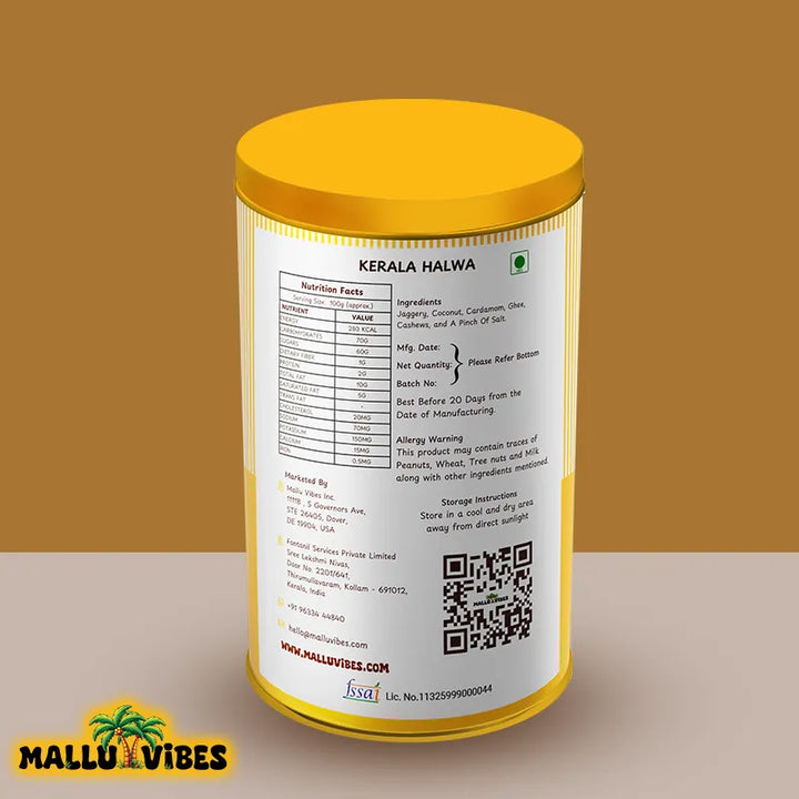 Back side view of package design Mallu Vibes Natural Kerala snacks kerala aluva with cashews and ghee in a bowl, malayalam - Homemade Fresh kerala halwa