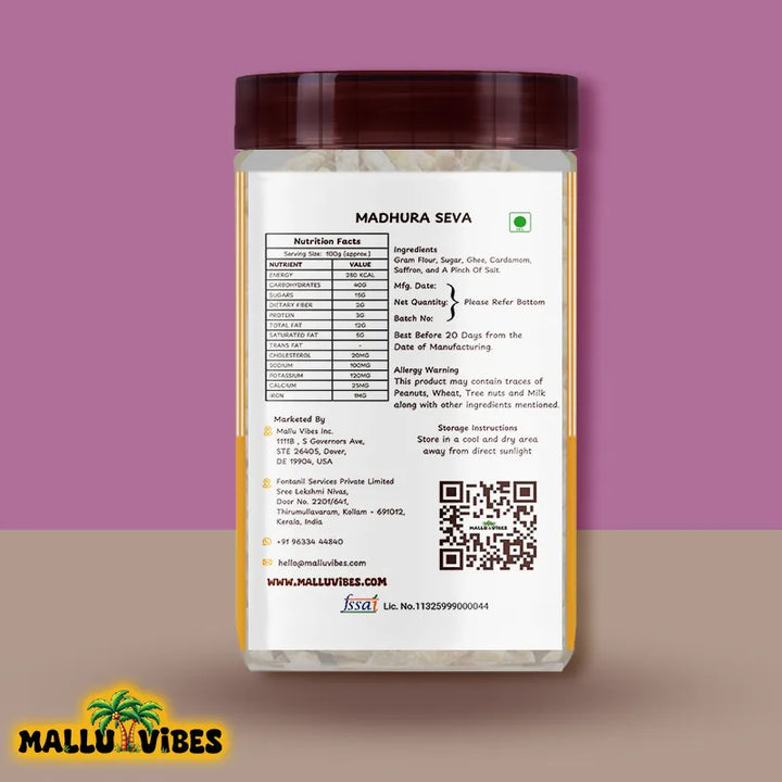 Back side view of package design Mallu Vibes Organic Kerala snacks madhura seva in a bowl, english - sweet sev Buy Kerala Snacks Online
