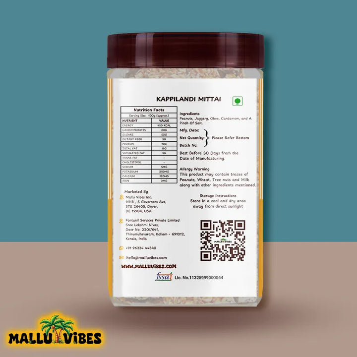 Back side view of package design Online Kerala snacks kappilandi mittai in a bowl, english - Best Kerala snacks online peanut jaggery candy