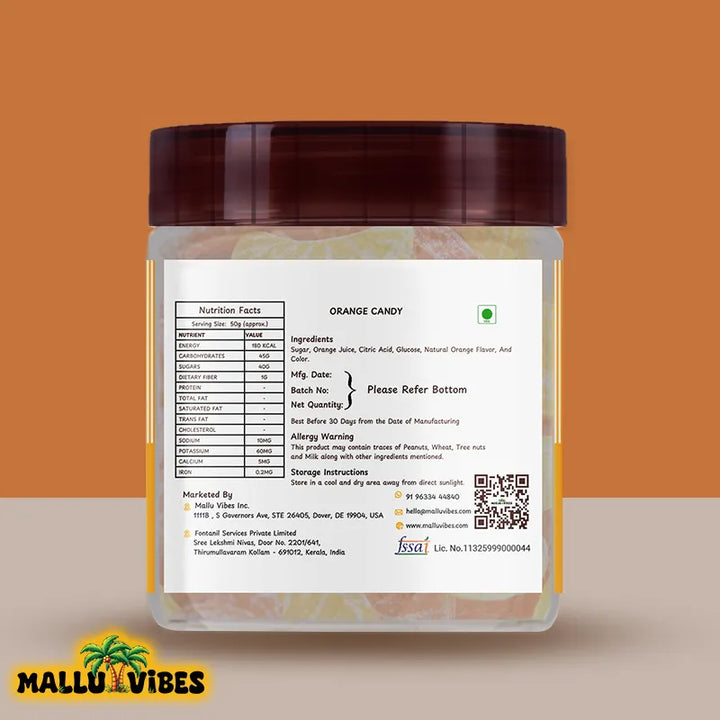 Back side view of package design Traditional Kerala food Orange mittai in a bowl, english - Organic Kerala snacks Orange candy