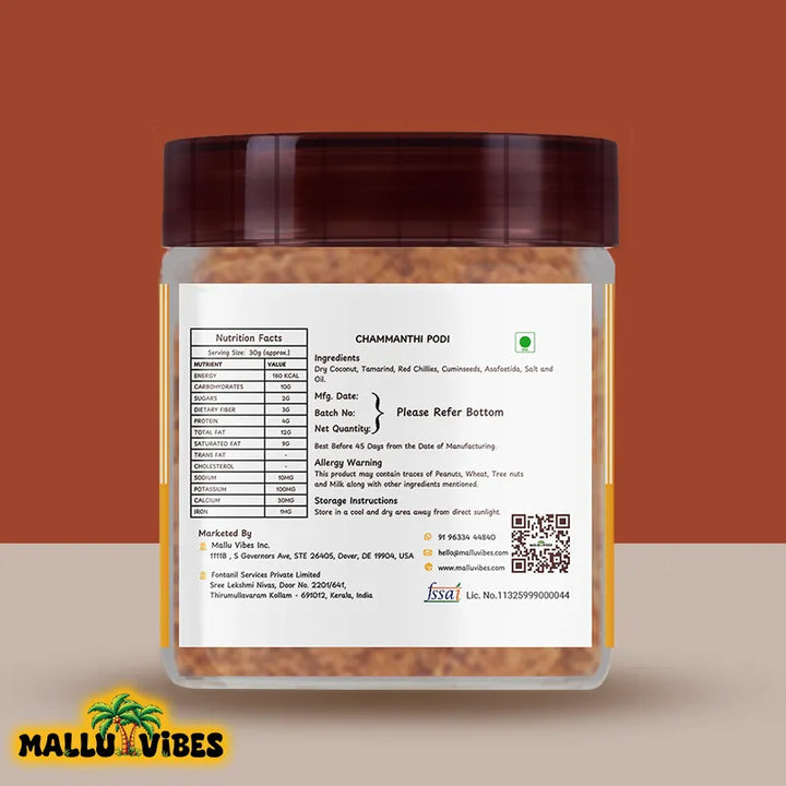 Back side view of package design for Mallu Vibes Homemade Fresh Coconut chammanthi podi with a blend of spices, malayalam - nadan thenga chammanthi podi