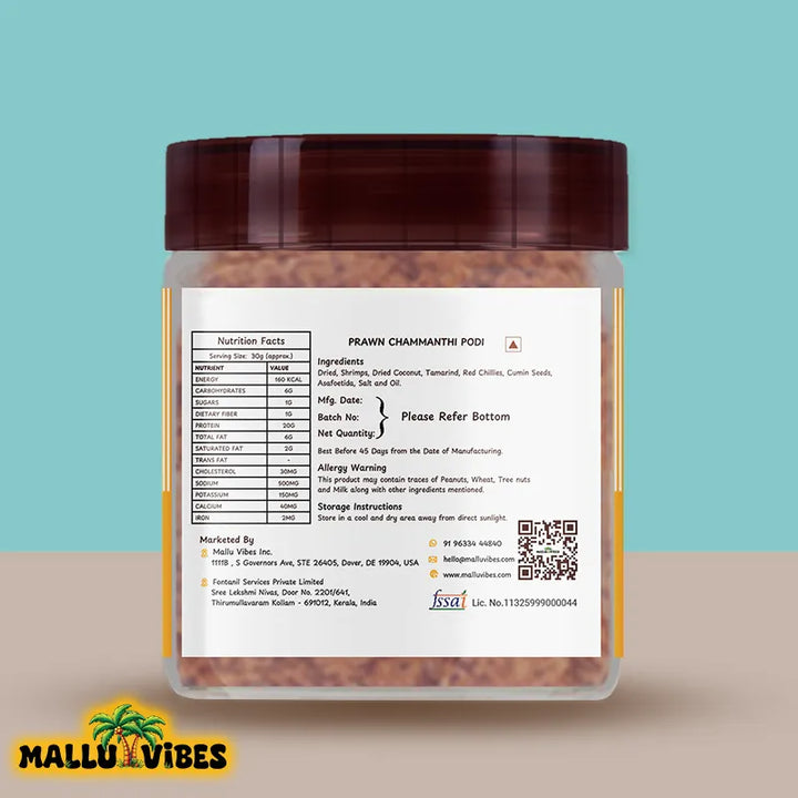 Back side view of package design for Mallu Vibes Homemade Fresh Prawn chammanthi podi with a savory and spicy taste, malayalam - unakka Chemmeen Chammanthi podi