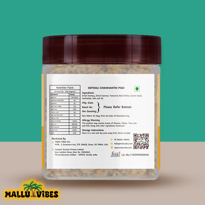 Back side view of package design for Mallu Vibes Netholi Chammanthi Podi with Homemade Fresh and No Preservatives a tangy and spicy flavor, english - anchovy chutney powder chammanthi podi