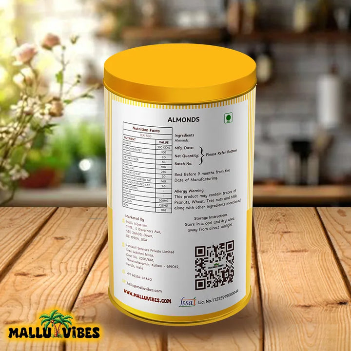 Back side view of package design for Online Kerala snacks almonds with a nutty, slightly sweet flavor, malayalam - Freshly Made Kerala snacks badam