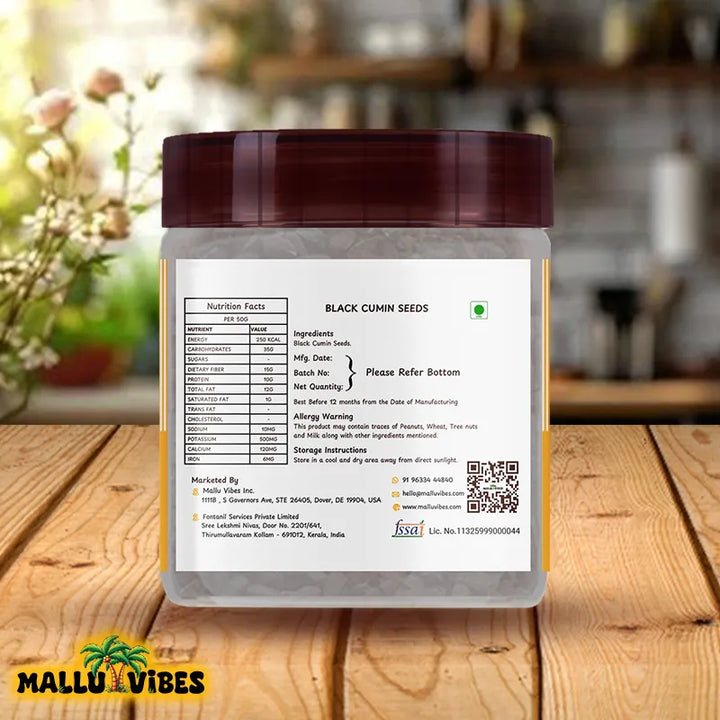 Back side view of package design for Traditional Kerala food karimjeerakam with an earthy, smoky flavor, english - Best Kerala snacks online black cumin seeds