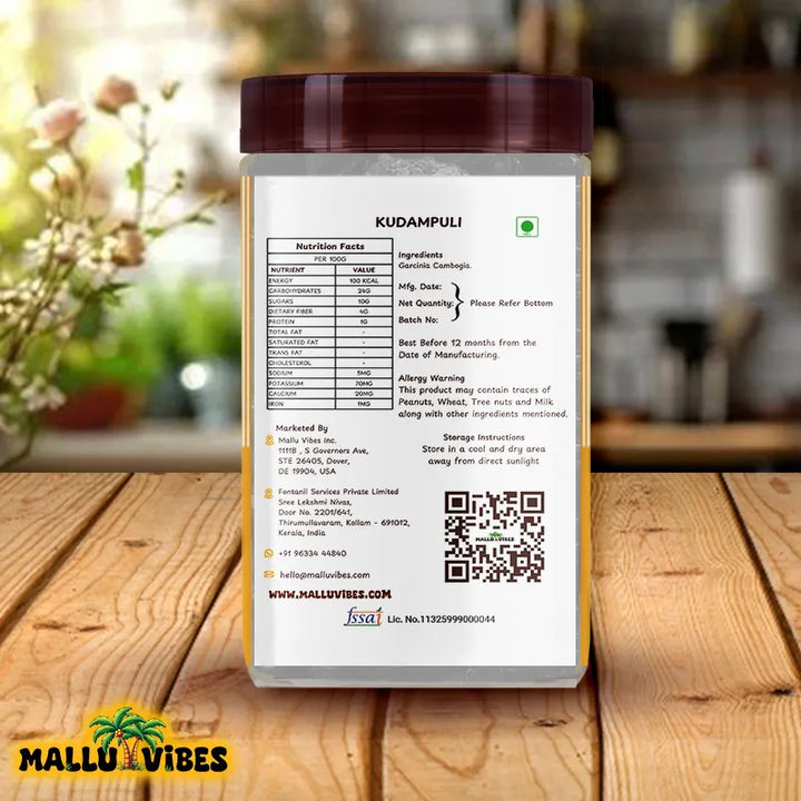 Back side view of package design for Natural Kerala snacks garcinia cambogia, a tangy tropical fruit used in health supplements, malayalam - Organic Kerala snacks kudampuli