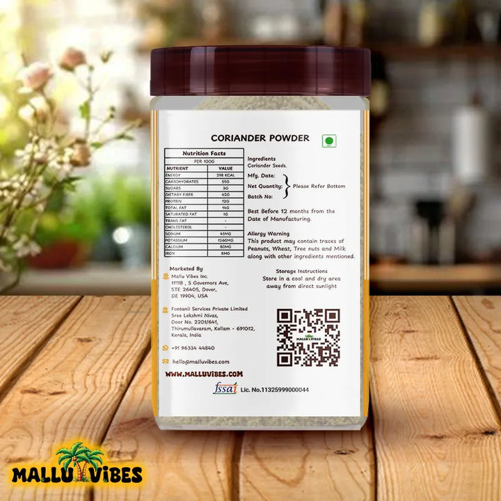 Back side view of package design for Organic Kerala snacks coriander powder, known for its citrusy, aromatic flavor, malayalam - Homemade Fresh malli podi
