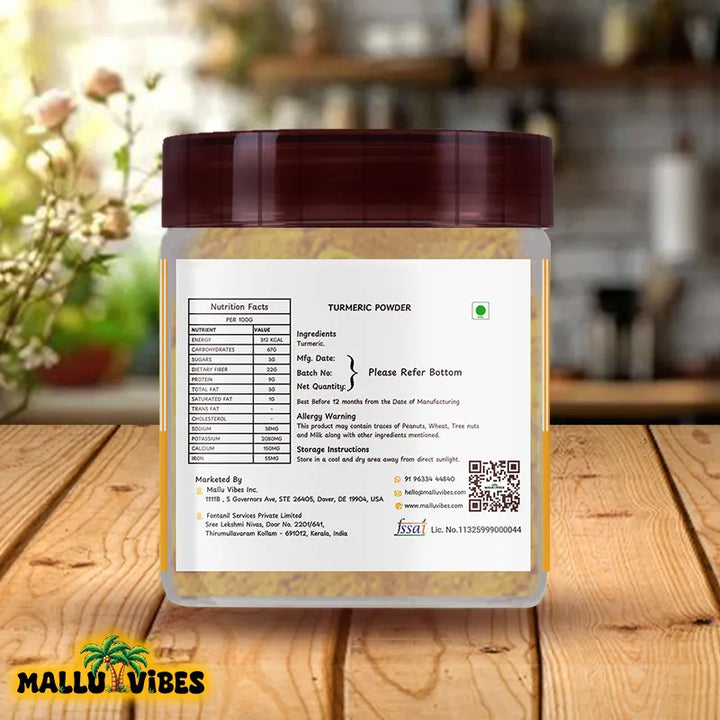 Back side view of package design for Authentic Kerala snacks bright yellow turmeric powder, used for its earthy flavor and health benefits, malayalam - Homemade Fresh manjal podi