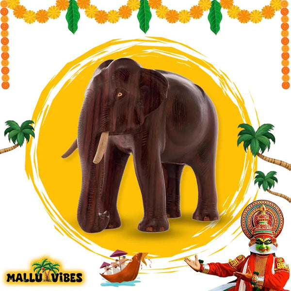 Front side view of Wood Carvings Kerala carved wooden elephant statue, english - Handicrafts of Kerala wooden elephant