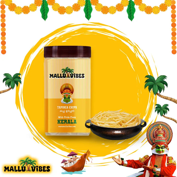 Front View of Package with bowl Kerala souvenirs crispy Tapioca chips golden and crunchy in a bowl, malayalam - Indian snacks kappa upperi