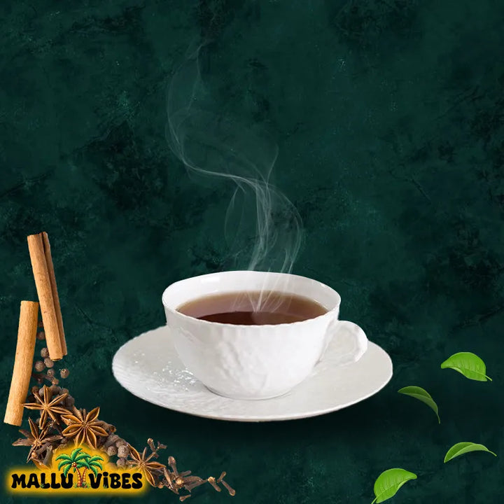 Front View of Authentic Kerala Tea - Cardamom, Ginger, Tulsi, Vanilla, and Cinnamon