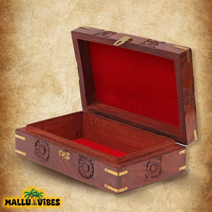Front open view of Wood Carvings Kerala wooden jewellery box, malayalam - Traditional Kerala art nettur petti