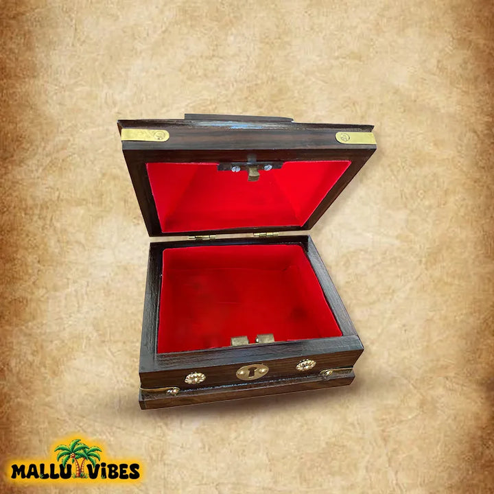 Front top view of Handicrafts of Kerala nettur petti for storing makeup, english - Traditional Kerala art wooden makeup box big