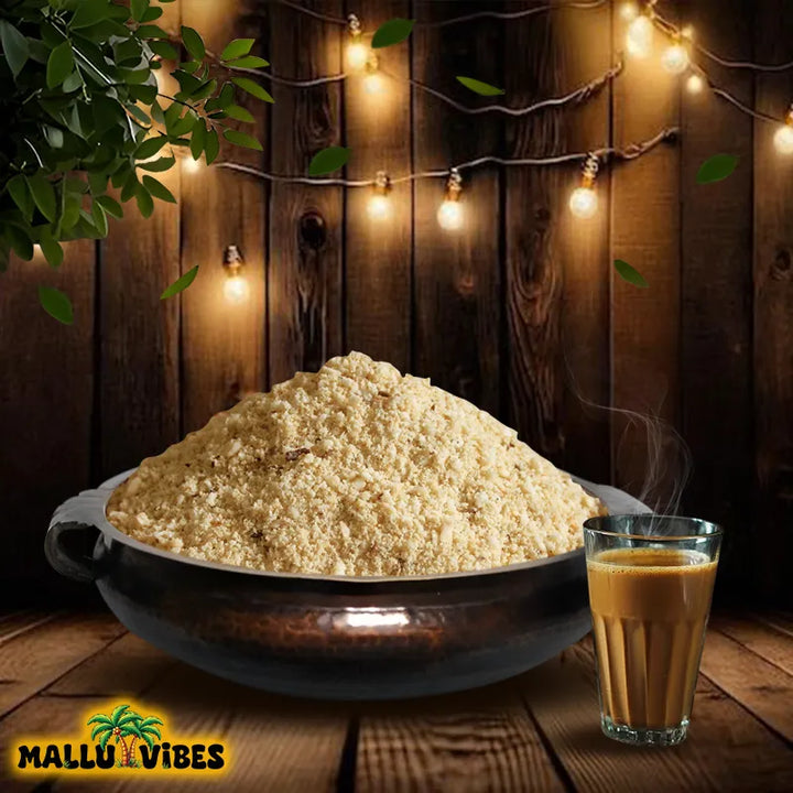 Front view of Authentic Kerala snacks Avalose podi in a bowl, english - Freshly Made Kerala snacks rice flour coconut powder