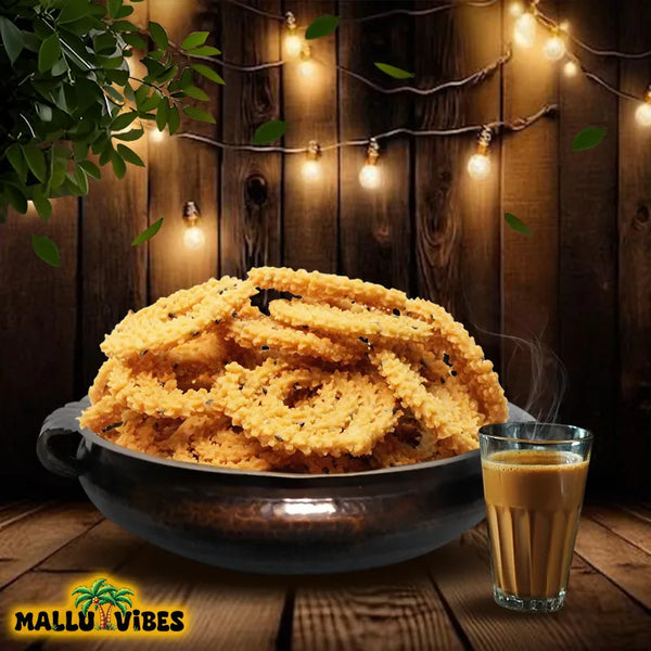 Front view of Best Kerala snacks online arimurukku in a bowl, english - Homemade Kerala snacks crispy rice flour spirals 