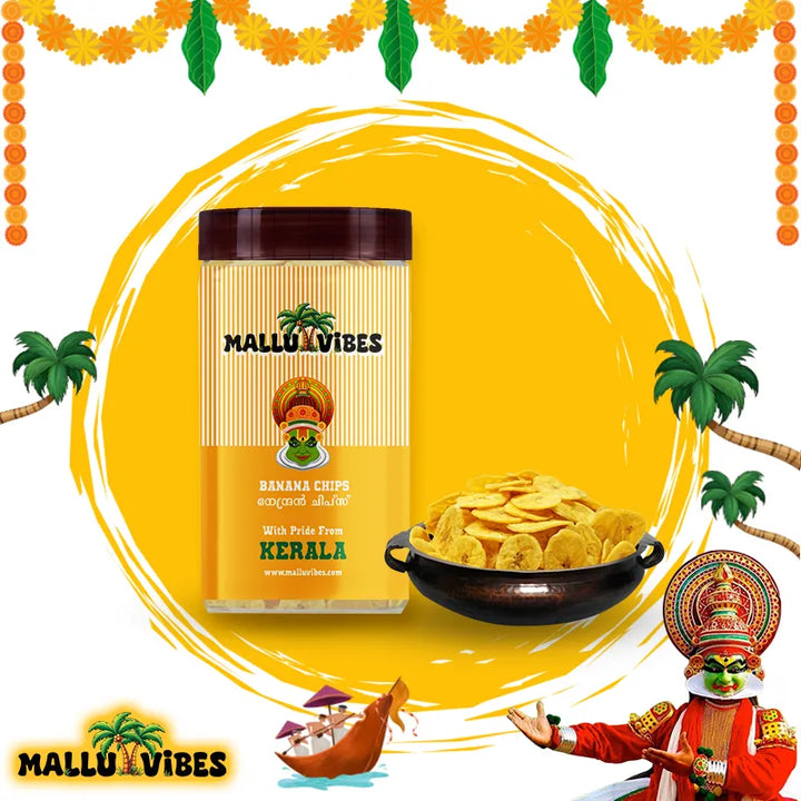Front view of Freshly Made Kerala snacks package with bowl for Banana chips, malayalam - Organic Kerala snacks nendran chips