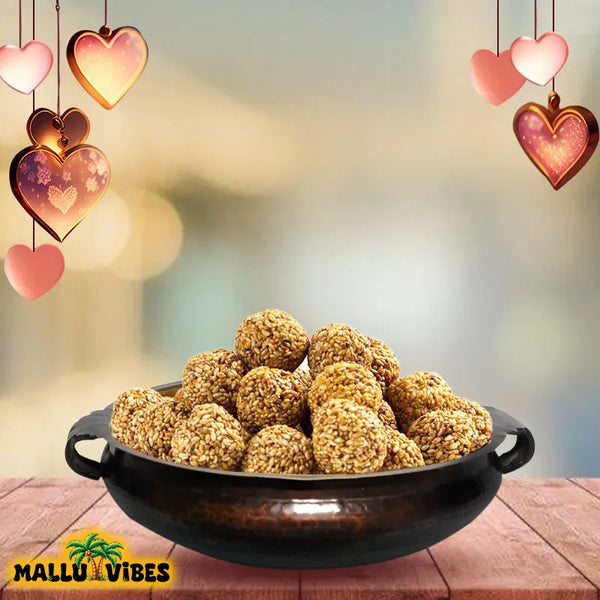 Front view of Homemade Kerala snacks Ellunda in a bowl, english - Best Kerala snacks online Ellunda Sesame jaggery balls