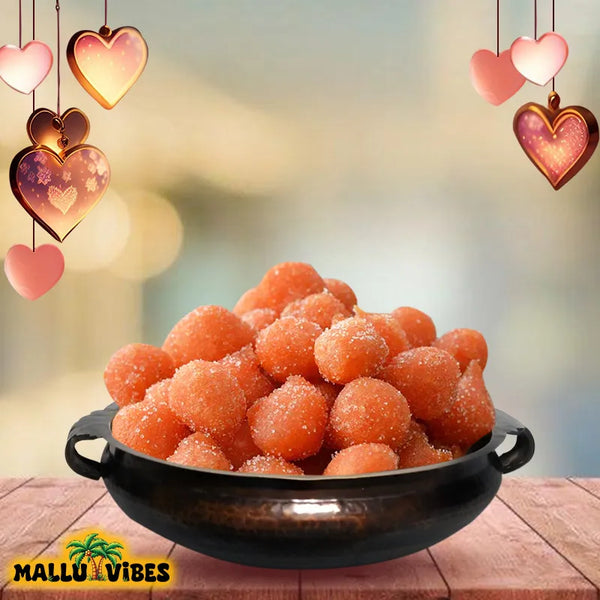 Front view of Homemade Kerala snacks thaen mittai in a bowl, english - Indian snacks kerala sugar honey candy