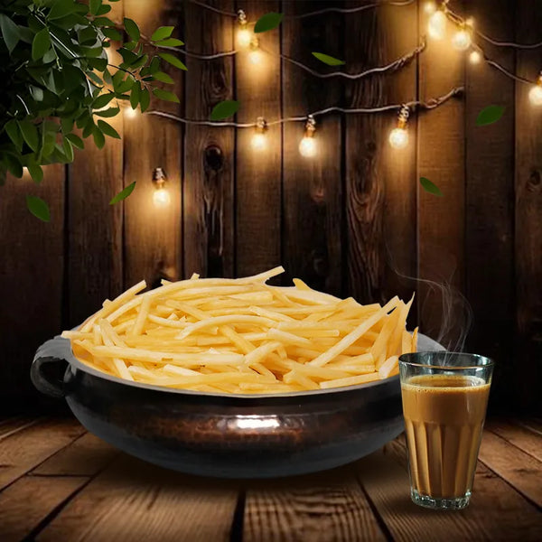 Front view of Kerala souvenirs crispy Tapioca chips golden and crunchy in a bowl, malayalam - Indian snacks kappa upperi