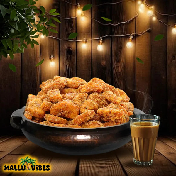 Front view of Mallu Vibes Best Kerala snacks online sharkara upperi in a bowl, english - Authentic Kerala snacks Jaggery Coated Banana chips