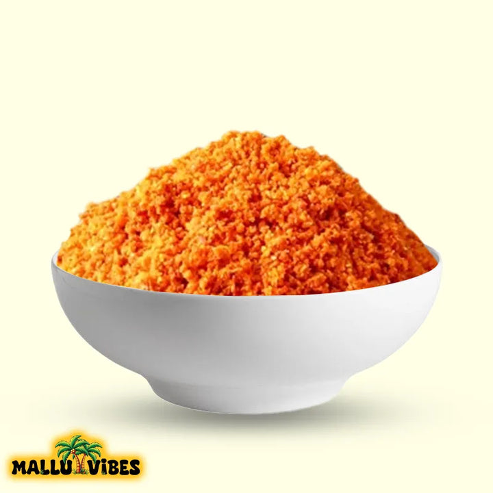 Front view of Mallu Vibes Homemade Fresh Coconut chammanthi podi with a blend of spices, malayalam - nadan thenga chammanthi podi bowl