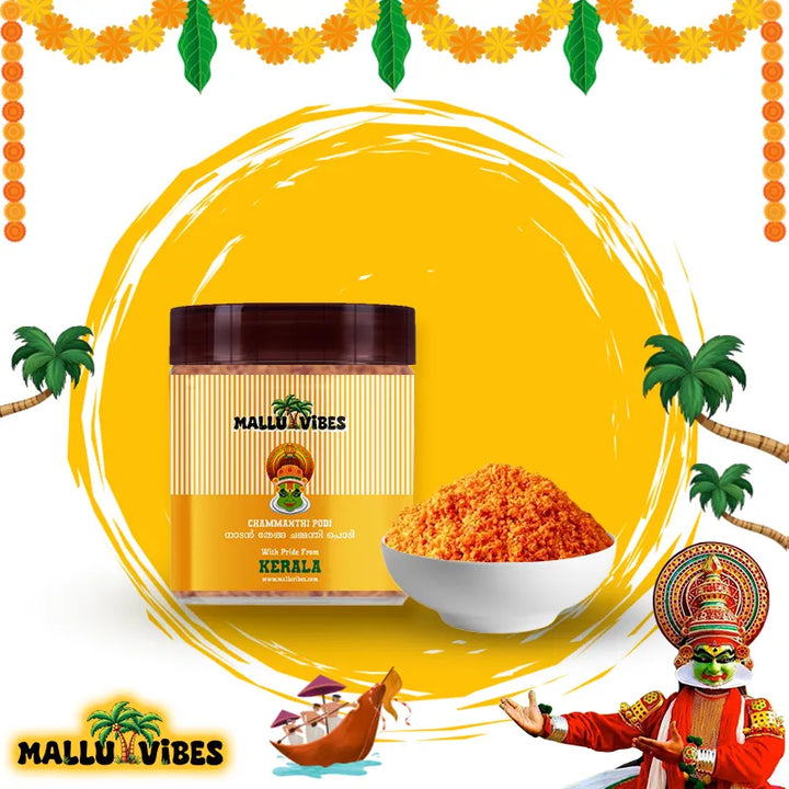 Front view of Mallu Vibes Homemade Fresh Coconut chammanthi podi with a blend of spices, malayalam - nadan thenga chammanthi podi with bowl