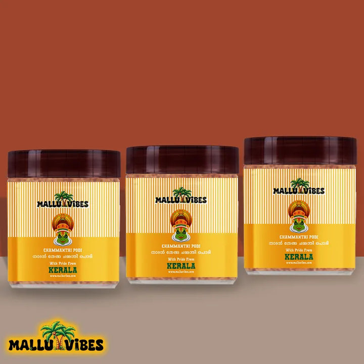 Front view of Mallu Vibes Homemade Fresh Coconut chammanthi podi with a blend of spices, malayalam - nadan thenga chammanthi podi with package