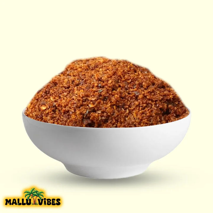 Front view of Mallu Vibes Homemade Fresh Prawn chammanthi podi with a savory and spicy taste, malayalam - unakka Chemmeen Chammanthi podi with bowl