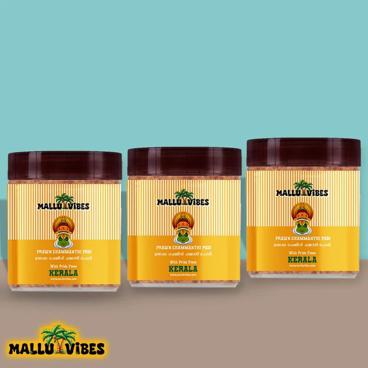 Front view of Mallu Vibes Homemade Fresh Prawn chammanthi podi with a savory and spicy taste, malayalam - unakka Chemmeen Chammanthi podi with package