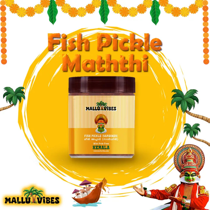 Front view of Mallu Vibes Homemade Kerala pickles. Homemade Fresh fish pickles sardines and No Preservatives with spicy, malayalam - mathi meen achar