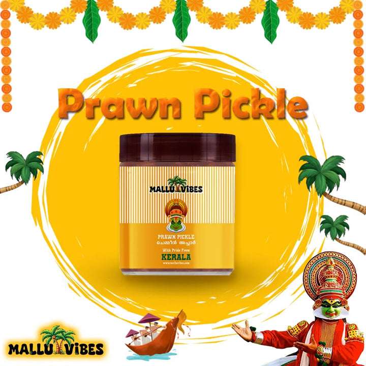 Front view of Mallu Vibes Homemade Kerala pickles, No Preservatives Chemmeen pickle or prawn pickle with blend of spices, malayalam - chemmeen achar