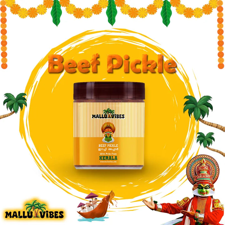Front view of Mallu Vibes Kerala pickles with Homemade Kerala pickles, No Preservatives and beef pickle, malayalam - Homemade Fresh Beef Pickles erachi achar