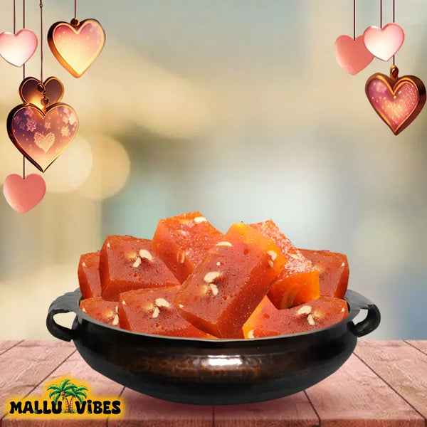 Front view of Mallu Vibes Natural Kerala snacks kerala aluva with cashews and ghee in a bowl, malayalam - Homemade Fresh kerala halwa