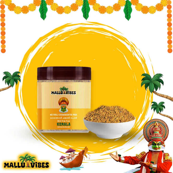 Front view of Mallu Vibes Netholi Chammanthi Podi with Homemade Fresh and No Preservatives a tangy and spicy flavor, english - anchovy chutney powder chammanthi podi