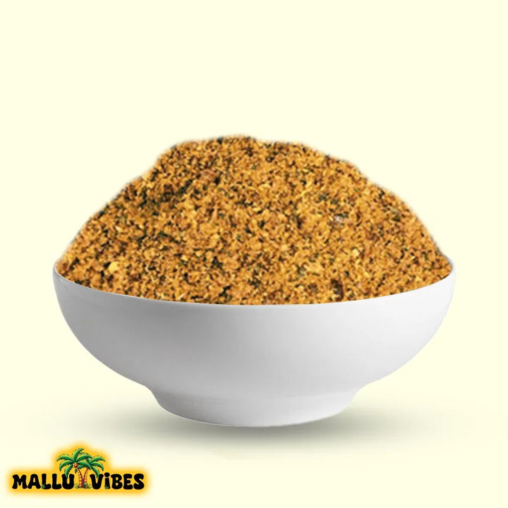 Front view of Mallu Vibes Netholi Chammanthi Podi with Homemade Fresh and No Preservatives a tangy and spicy flavor, english - anchovy chutney powder chammanthi podi with bowl
