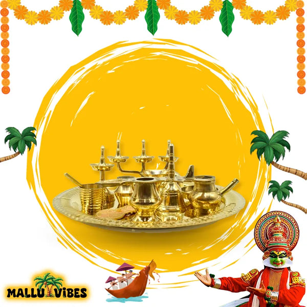 Front view of pooja set on traditional background, malayalam - ashtamangalyam set