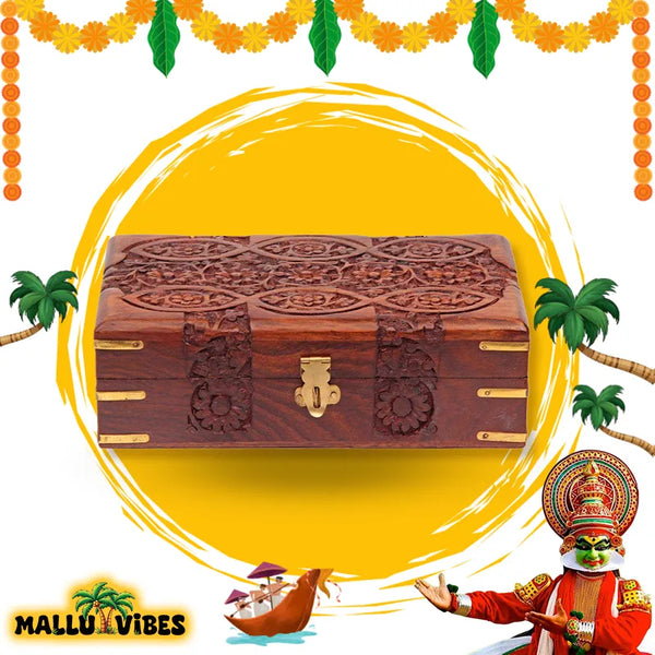 Front view of Wood Carvings Kerala wooden jewellery box, malayalam - Traditional Kerala art nettur petti