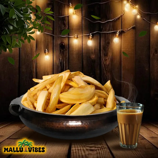 Front view of crispy Mallu Vibes Traditional Kerala food Jackfruit chips in a bowl, malayalam - Best Kerala snacks online chakka upperi