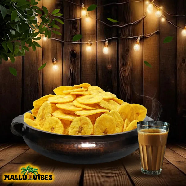 Front view of crispy, Mallu Vibes golden Homemade Fresh Banana chips in a bowl, malayalam - nendran chips Natural Kerala snacks