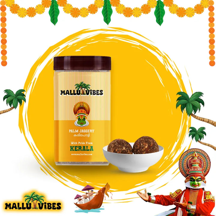 Front view of karupatti on traditional background, english - palm jaggery