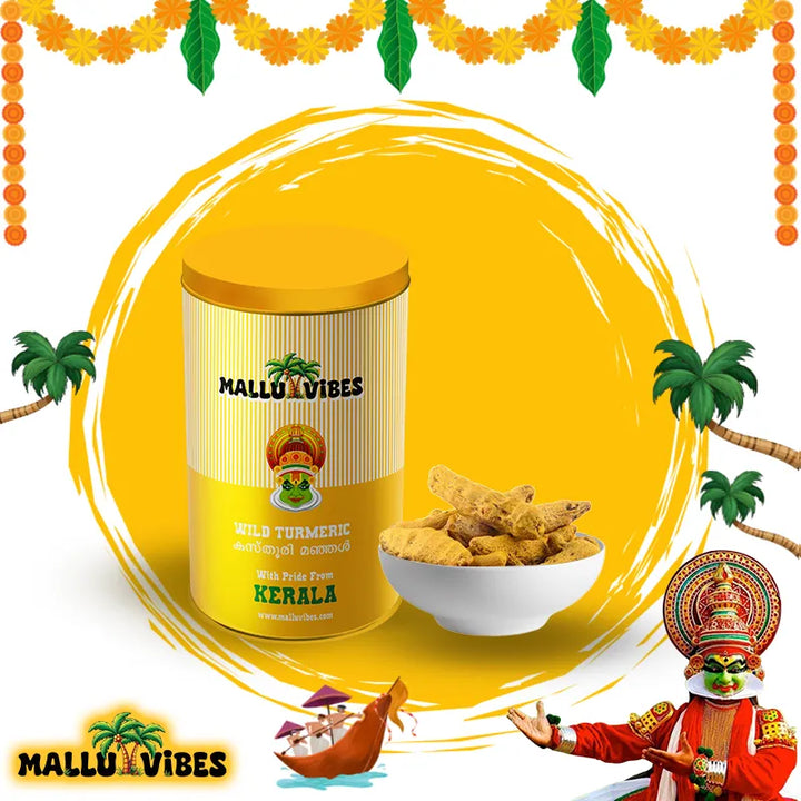 Authentic Kerala kasthuri manjal root with a vibrant yellow color and earthy scent, english - Natural Kerala wild turmeric