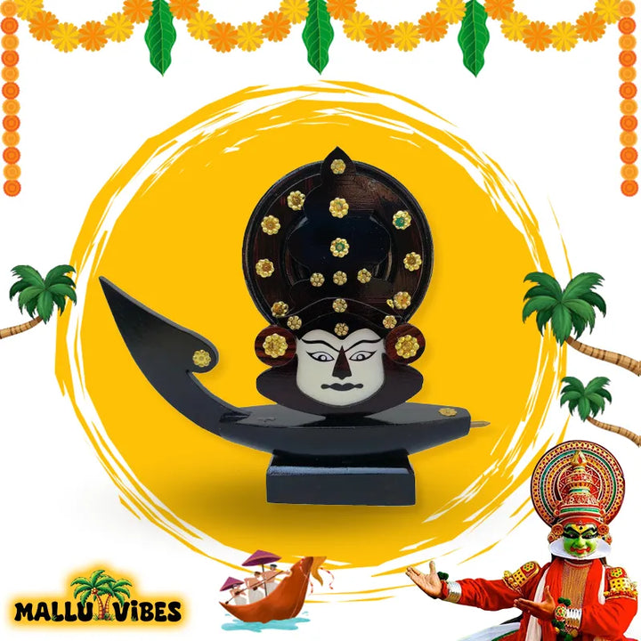 Front view of Kerala arts and crafts wooden boat with kathakali face, english - Traditional Kerala art kathakali face