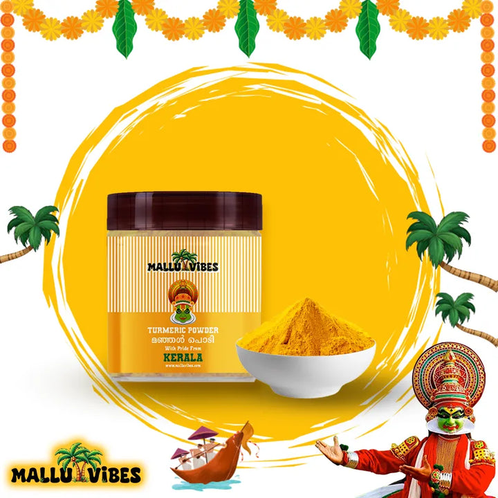 Front view of Authentic Kerala snacks bright yellow turmeric powder, used for its earthy flavor and health benefits, malayalam - Homemade Fresh manjal podi